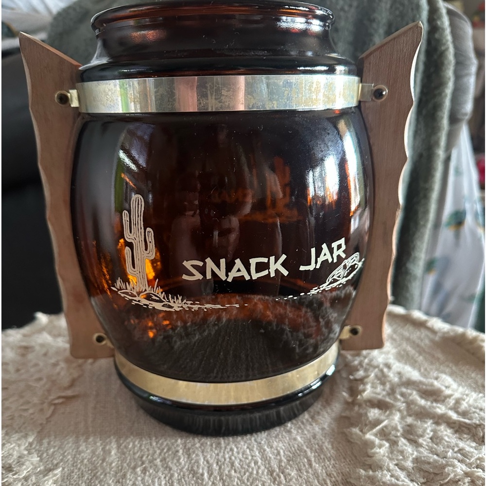 Vintage Siesta Ware Large Amber Barrel Shaped Glass Snack Jar
